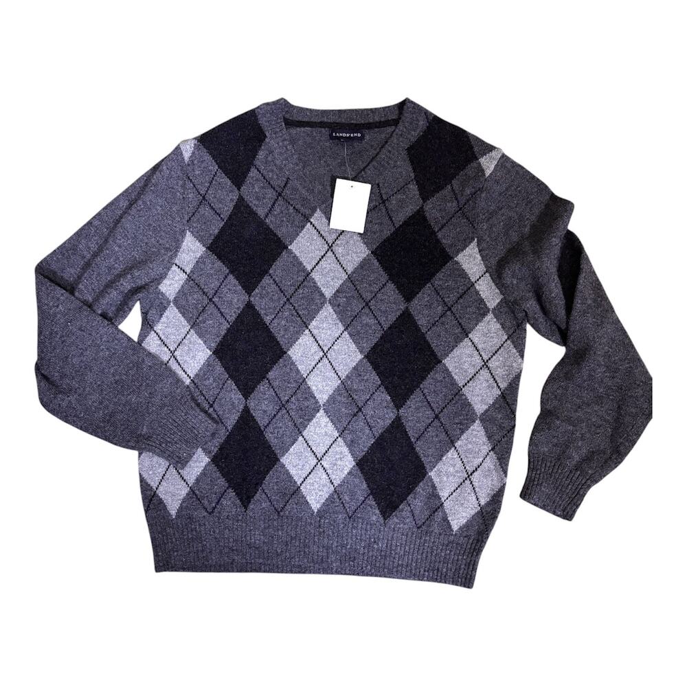 Lands' End Men's Argyle V-Neck Sweater Merino Wool Blend Charcoal Grey Large NWT